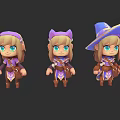 Cute Cartoon Style Game Characters With Different Headpieces And Purple Brown Outfits