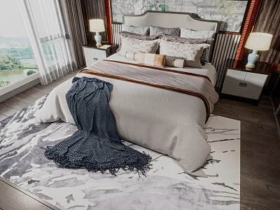 Double Bed with Plush Pillows Cozy Blanket Side Nightstands Table Lamps Large Window Decorative Rug 3d model