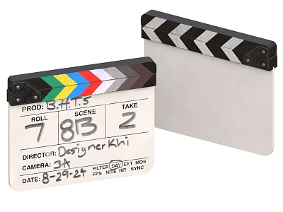 Colorful Striped Movie Clapperboard With Production Details And White Slate 3d model