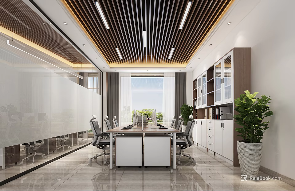Modern Public Office Space Design With Long Table Glass Partitions Storage Cabinets And Green Plants 3d model 