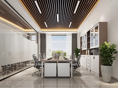 Modern Public Office Space Design With Long Table Glass Partitions Storage Cabinets And Green Plants 3d model