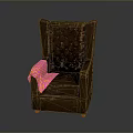 Brown Tufted Armchair With Diamond Pattern Backrest Pink Purple Striped Blanket And Red Legs