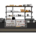 Modern Cafe Reception Counter With Bread Pastries Display Case And Coffee Equipment On Shelves