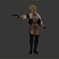 Woman With Curly Hair In Leather Jacket Holding Gun With Extended Arm Against Gray Background