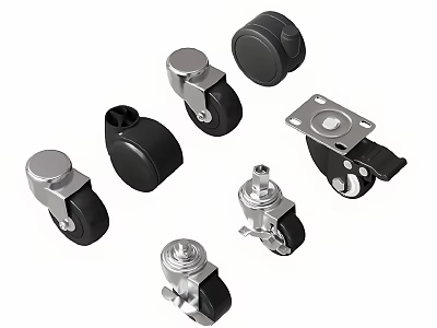 Various Types Of Swivel Casters With Black Wheels And Metal Brake Frames 3d model