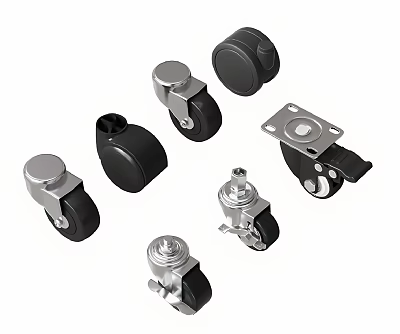 Various Types Of Swivel Casters With Black Wheels And Metal Brake Frames 3d model