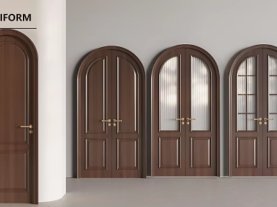 Wooden Double Doors Interior Design With Arched Panels And Glass Inserts 3d model