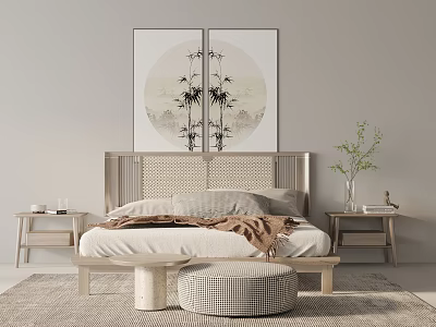 Modern Light Luxury Rattan Headboard Double Bed with Bamboo Painting Nightstands Ottoman and Rug 3d model