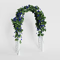 White Lattice Garden Arch Decorated With Green Vines And Blue Flowers