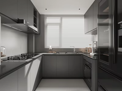 Modern Kitchen Interior Design With Gray Cabinets Stove Sink And Window Blinds 3d model