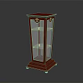 Red Display Cabinet With Glass Doors Gold Accents Shelves And Gold Feet