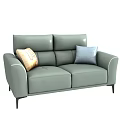 Light Green Leather Two Seater Sofa with Yellow Patterned Light Blue Cushions Black Metal Legs 3d model