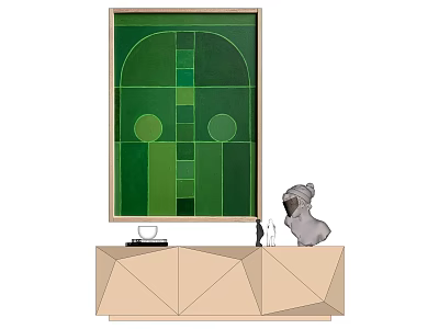 Green Abstract Wall Art With Beige Geometric Cabinet And Pug Figurine Decor 3d model