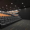 Modern Cinema Interior With Staggered Comfortable Seats Ceiling Lights And Patterned Carpet 3d model