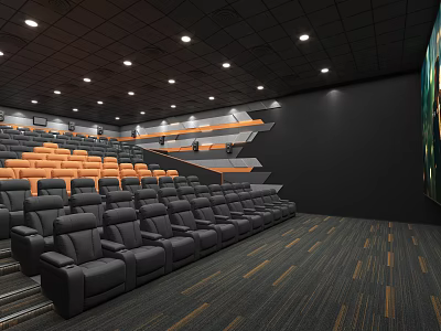 Modern Cinema Interior With Staggered Comfortable Seats Ceiling Lights And Patterned Carpet 3d model