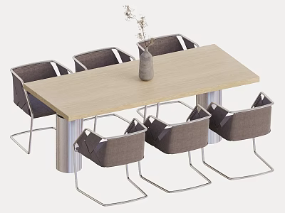 Modern Dining Table Set Featuring Wooden Tabletop Gray Chairs Metal Legs Vase And Dried Flowers 3d model