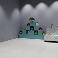 Stuffed Dolls Display on Colorful Shelves with Pink Claw Machine in Room