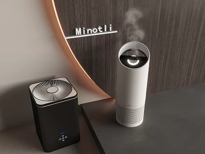 Modern Household Appliances with Black Air Purifier White Humidifier on Wooden Wall Curved Minotti Decoration 3d model