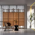 Modern Interior With Bonsai Plant On Black Table Bamboo Screen And Rattan Chair