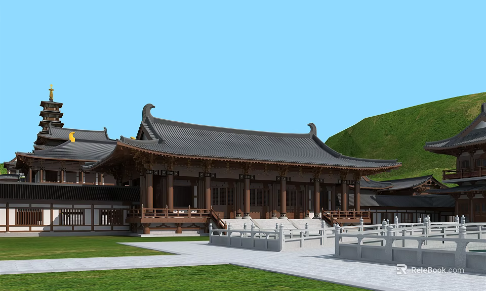 Ancient Chinese Architecture with Curved Eaves Wooden Structure White Railings Green Grassland And Blue Sky 3d model 