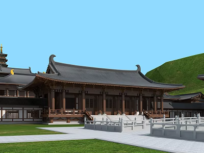 Ancient Chinese Architecture with Curved Eaves Wooden Structure White Railings Green Grassland And Blue Sky 3d model