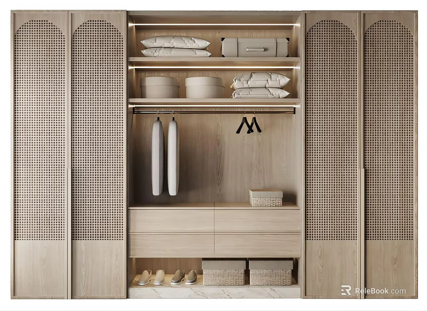 Modern Light Wood Wardrobe With Perforated Doors Hanging Clothes And Storage Boxes 3d model 