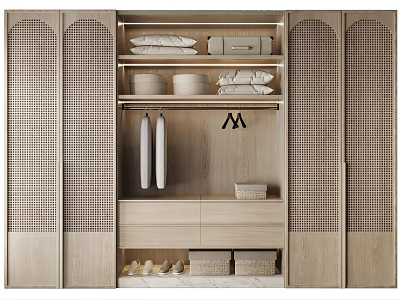 Modern Light Wood Wardrobe With Perforated Doors Hanging Clothes And Storage Boxes 3d model