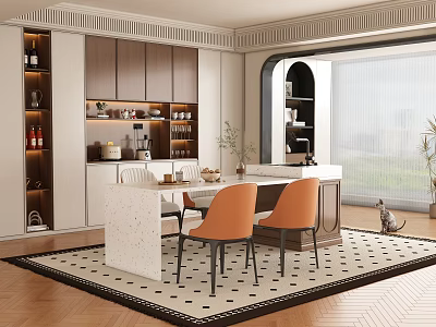 Modern Dining Room Interior With White Table Orange Chairs Wooden Cabinets And Wine Rack 3d model