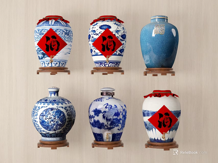 Traditional Chinese Ceramic Vases with Blue and White Patterns Red Fu Characters and Wooden Bases 3d model 