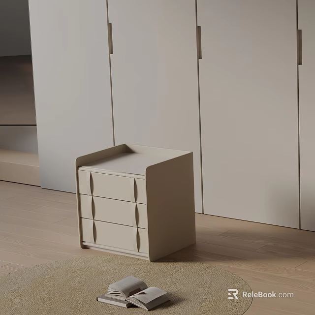Modern Minimalist Nightstand In Light Beige With Three Drawers White Wardrobes And Wooden Floor 3d model 