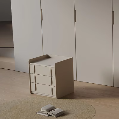 Modern Minimalist Nightstand In Light Beige With Three Drawers White Wardrobes And Wooden Floor 3d model
