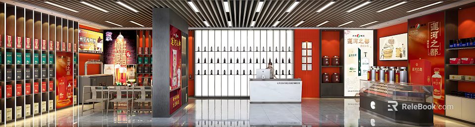 Modern Shoe Store Interior With White Grid Wall Shoe Display And Reception Counter 3d model 