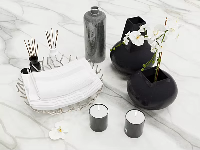 Bathroom Accessories Featuring White Towels Black Vases Aromatherapy Sticks And Candles On Marble Countertop 3d model