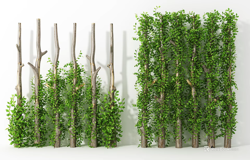 Natural Green Plant Partition With Wooden Poles And Lush Foliage Design 3d model 