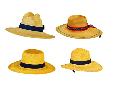 Four Yellow Straw Hats With Wide Brim And Colorful Ribbons Design 3d model