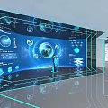 Modern Tech Exhibition Hall With Digital Screens Data Visualization And Display Counters