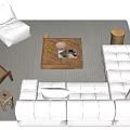 Modern White Sofa And Wooden Coffee Table Set With Accent Chair And Area Rug
