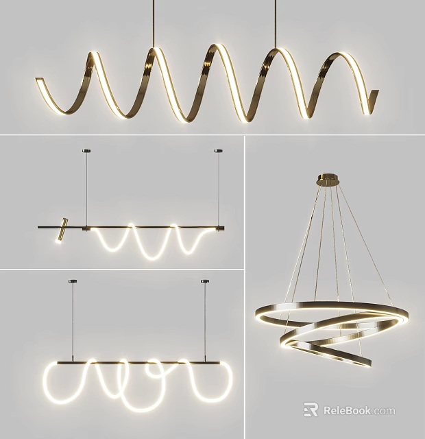 Modern Spiral Wave Circular Chandeliers With LED Light Strips And Metal Frames 3d model