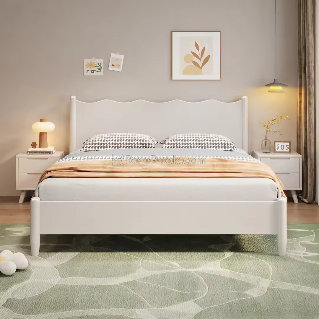 Modern Simple Nordic Cream Style Solid Wood Double Bed 3d model