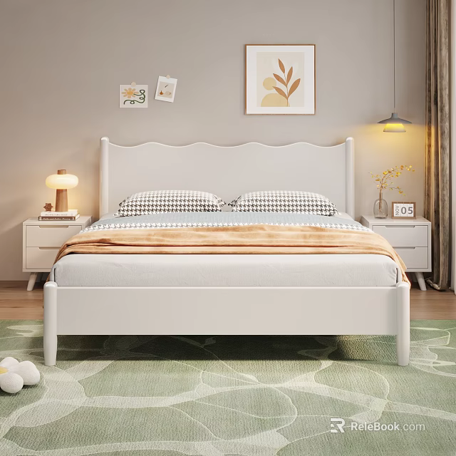 Cozy Modern Bedroom With White Bed Checkered Pillows Nightstands And Green Rug 3d model 