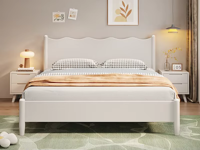 Cozy Modern Bedroom With White Bed Checkered Pillows Nightstands And Green Rug 3d model