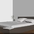 Modern Double Bed with Dark Headboard White Sheets Vase Plant Open Book and Wooden Floor
