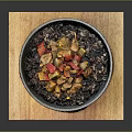 Delicious Black Rice Bowl with Chicken and Colorful Vegetables on Wooden Board