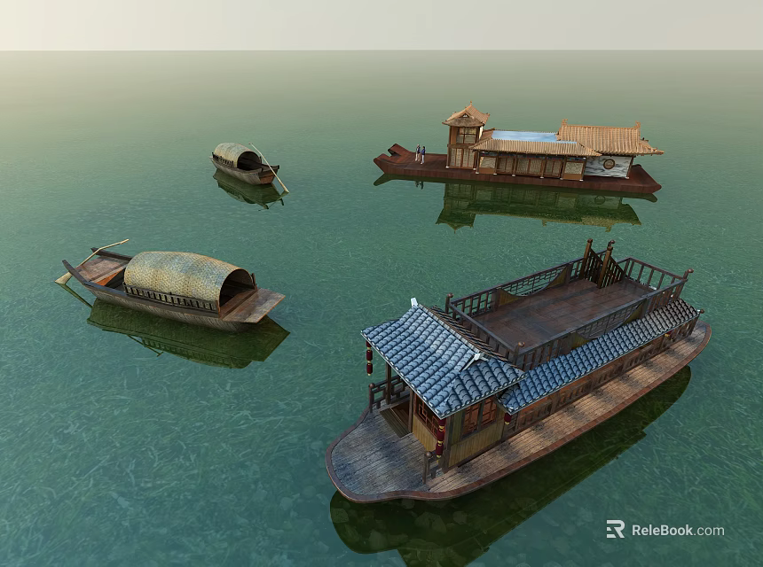 Traditional Wooden Boats of Various Styles Floating on Calm Water with Roofed Structures 3d model 