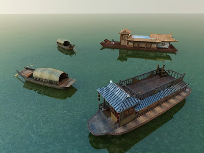Traditional Wooden Boats of Various Styles Floating on Calm Water with Roofed Structures 3d model