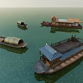 Traditional Wooden Boats of Various Styles Floating on Calm Water with Roofed Structures