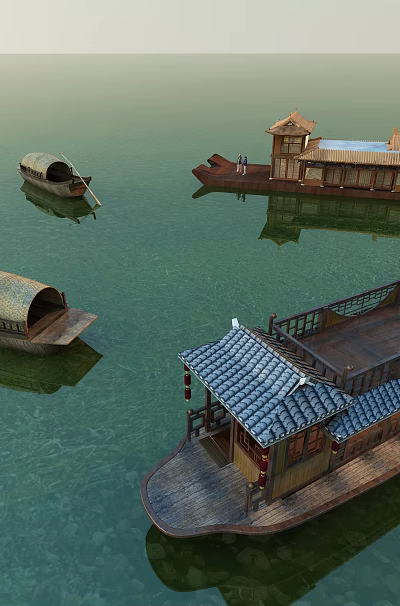 Traditional Wooden Boats of Various Styles Floating on Calm Water with Roofed Structures 3d model
