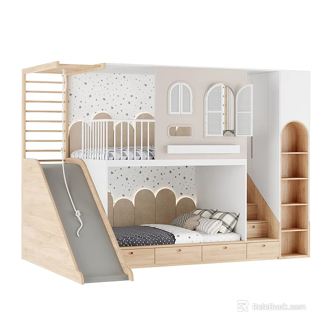 Wooden Kids Bunk Bed With Slide Ladder Storage Drawers And Star Patterned Panels 3d model 