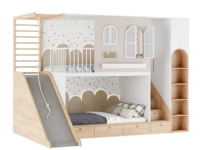 Wooden Kids Bunk Bed With Slide Ladder Storage Drawers And Star Patterned Panels 3d model
