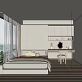 Modern Minimalist Bedroom With Cozy Bed Pillows Wooden Desk Lamp Mirror Cabinets And Bright Lighting